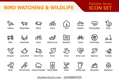 Bird Watching Wildlife Icon Set – Minimal Line Vector Illustrations for Nature, Animals, Birds, Outdoors, and Wildlife Conservation Projects