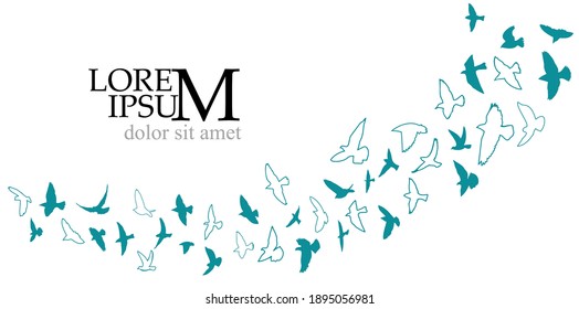 Bird watercolor. A flock of blue birds. Mixed media. Vector illustration