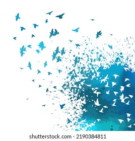 Bird watercolor. A flock of blue birds. Abstraction from blots and birds Mixed media. Vector illustration