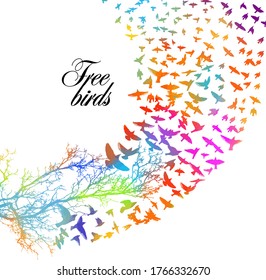Bird watercolor. A flock of colorful birds. A flock of birds flying away from a tree. Vector illustration