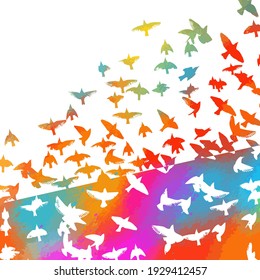 Bird watercolor. A flock of colorful birds. Mixed media. Vector illustration