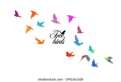 Bird watercolor. A flock of colorful birds. Mixed media. Vector illustration