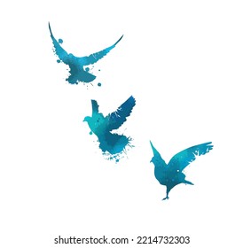 Bird watercolor. A flock of colorful birds. Blue birds from blots. Mixed media. Vector illustration