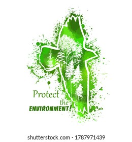 Bird watercolor. Green flying bird from blots. T-shirt print. Protect the environment. Vector illustration