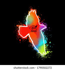 Bird watercolor. Multi-colored flying bird from blots. T-shirt print. Vector illustration