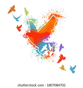 Bird watercolor. Multi-colored flying bird from blots. T-shirt print. Vector illustration