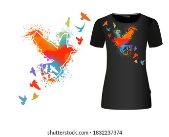 Bird watercolor. Multi-colored flying bird from blots. T-shirt print. Vector illustration