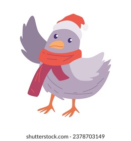 bird waved wings wearing scarf and Christmas hat vector animal illustration design