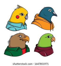 Bird Wearing Human Cloth, Cartoon Illustration Set, Clip Art, Isolated Vector