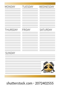 AVE. Página de planificación semanal. Diseño para proyectos digitales creativos, empresas. Idea para el concepto de negocio, ecológico, empresa ornitológica de aves. Ilustración vectorial.