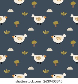 Bird white cartoon so cute. On tree cloud blue background. Pattern seamless vector illustration. 