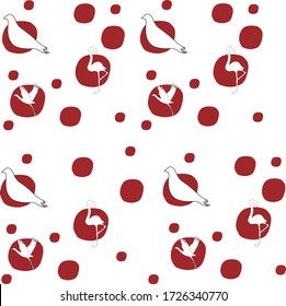 Bird white silhouettes (pidgeons, flamingos and cranes) and red dots pattern.