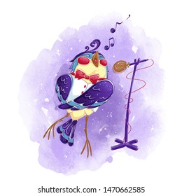 A bird in a white vest and bow tie sings into a microphone. Vector cartoon children character. Hand drawing and watercolor background.