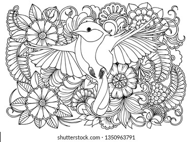  Bird and wild flowers  in monocrome colors.Vector black and white colorin page for colouring book. Doodles pattern