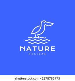 bird wildlife pelican looking fish lake water line minimal modern logo design vector