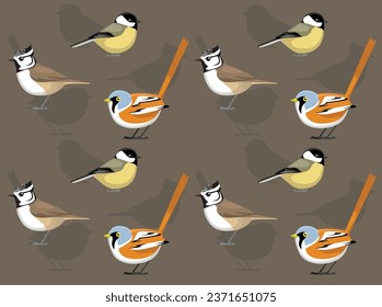 Bird Willow Tit Crested Beared Reedling Cartoon Cute Seamless Wallpaper Background