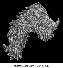 Bird wing. Hand drawn etched woodcut vintage style wing. Vector.