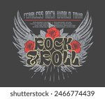 Bird wing with rose flower vintage artwork for apparel, stickers, posters, background and others. Eagle music poster design.  Fearless rock tour artwork. 