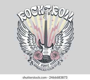 Bird wing with rose flower vintage artwork for apparel, stickers, posters, background and others. Rock world tour artwork. Rock star vintage artwork. Eagle music poster design.