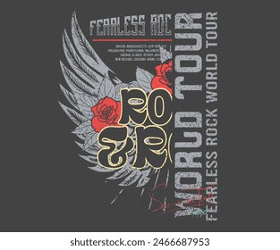 Bird wing with rose flower vintage artwork for t-shirt and others. Rock world tour artwork. Rock star vintage artwork. Eagle music poster design.