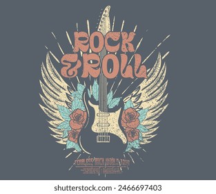 Bird wing with rose flower vintage artwork for apparel, stickers, posters, background and others.  Rock star vintage artwork. Eagle music poster design.