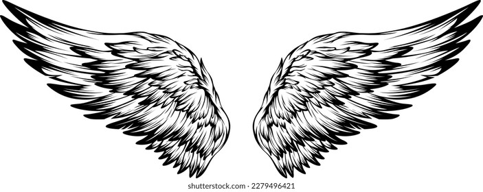 Bird wings illustration tattoo style. Hand drawn design element.