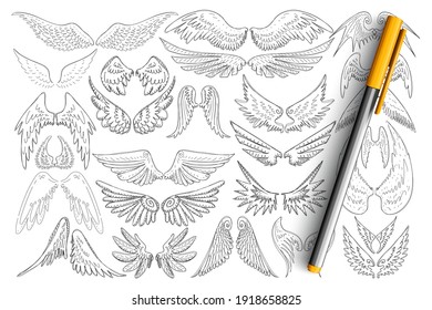 Bird wings patterns doodle set. Collection of hand drawn elegant wings of different birds in style of tattoo isolated on transparent background. Illustration of decorative wings concept