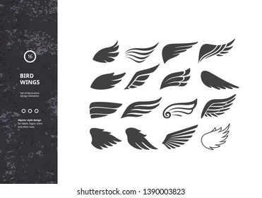 Bird Wings. Set of Template Birds Arms. Vector Sign for Tattoos, Logos, Labels and Icons. Decorative Isolated Wings.