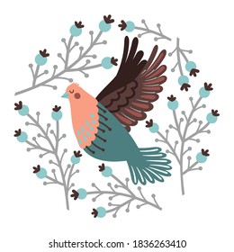Bird and winter berry set. Hand drawn cute bird and elements of forest, vector illustration of branches around flying fowl with wings isolated on white background