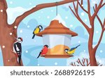 Bird winter feeder. Birds feed in trough wood house on snow branch, titmouse snowy tree forest landscape feeding tit garden park cartoon woodland nature neat vector illustration