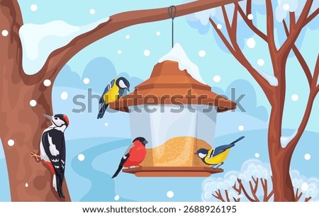 Bird winter feeder. Birds feed in trough wood house on snow branch, titmouse snowy tree forest landscape feeding tit garden park cartoon woodland nature neat vector illustration