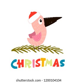 bird in a winter hat red, sitting on the branch. color lettering - christmas. vector