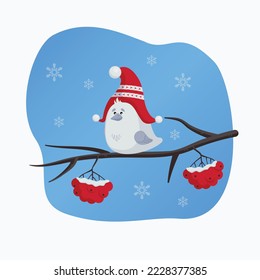 Bird in winter hat sitting on the rowan twig - seasonal vector illustration for cards, christmas design, kids illustration