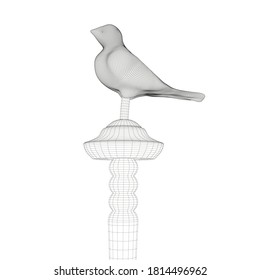 Bird wireframe on decorative plank isolated on white background. 3D. Vector illustration