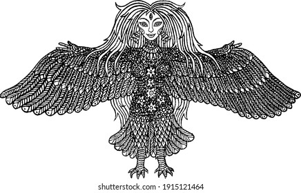 Bird Woman ethical image black and white drawing doodle coloring book suitable loya sublimation