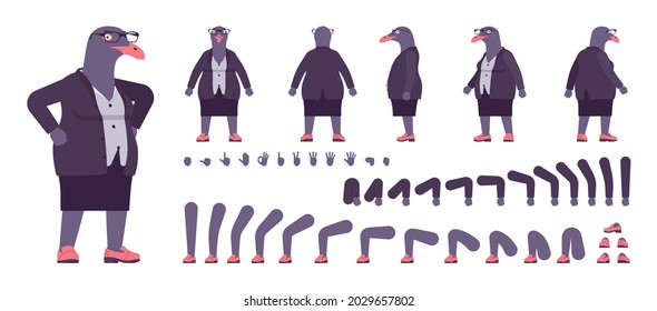Bird woman, seagull head female pigeon, human wear construction set. Plump rounded person, clumsy dark seabird, wild marine creature. Cartoon flat style infographic illustration, different gestures