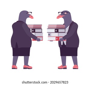 Bird woman, seagull head female pigeon, human wear, with papers. Plump rounded person with short legs, clumsy seabird, wild marine creature. Vector flat style cartoon illustration, front and rear view