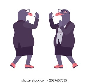 Bird woman, seagull head female pigeon in human wear scared. Plump rounded person with short legs, clumsy seabird, wild marine creature. Vector flat style cartoon illustration, front and rear view