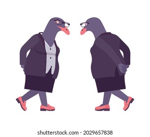 Bird woman, seagull head female pigeon in human wear pensive. Plump rounded person with short legs, clumsy seabird, wild marine creature. Vector flat style cartoon illustration, front and rear view