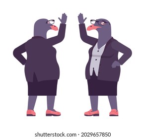 Bird woman, seagull head female pigeon in human wear waving. Plump rounded person with short legs, clumsy seabird, wild marine creature. Vector flat style cartoon illustration, front and rear view