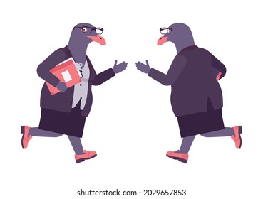 Bird woman, seagull head female pigeon in human wear running. Plump rounded person with short legs, clumsy seabird, wild marine creature. Vector flat style cartoon illustration, front and rear view