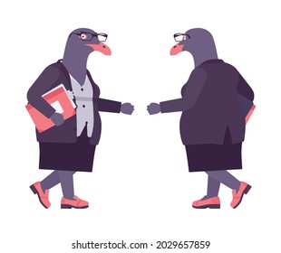 Bird woman, seagull head female pigeon in human wear walking. Plump rounded person with short legs, clumsy seabird, wild marine creature. Vector flat style cartoon illustration, front and rear view
