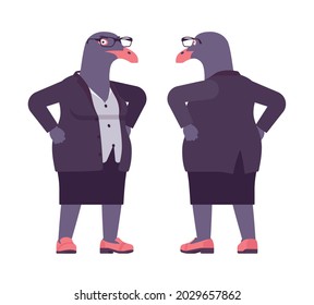 Bird woman, seagull head female pigeon in human wear standing. Plump rounded person with short legs, clumsy seabird, wild marine creature. Vector flat style cartoon illustration, front and rear view