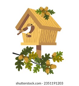 A bird in a wooden birdhouse with acorns and oak branches. Illustrated vector clipart.