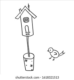 A bird and a wooden birdhouse on a stick in a pot. Vector illustration in Doodle style. Isolated object on a white background. Design element for children's books-paints, textiles, posters.