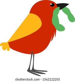 Bird with worm, illustration, vector on white background.
