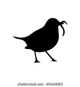 Bird And Worm Silhouette. Black Icon On White Background. Vector Illustration