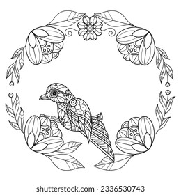 Bird and wreath flower hand drawn for adult coloring book