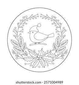 Сute bird in a wreath vector illustration of a hand embroidery pattern for a round hoop, embroidery sticker paper, craft gift, handmade gift, embroidery with a christmas bird, floral wreath with berri