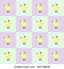 Bird yellow with wings on purple and light green backgrounds